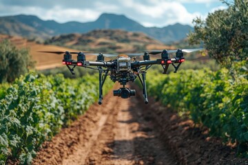 Canvas Print - A black drone flying over a field of green plants with mountains in the background.