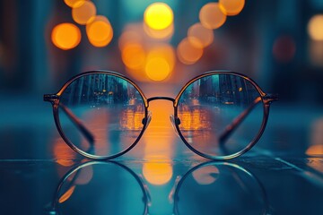 Canvas Print - A pair of round eyeglasses with a blurred city lights reflection in the lenses.