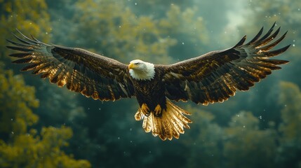 Sticker - A majestic bald eagle soars through the air with its wings spread wide, against a backdrop of lush green trees.