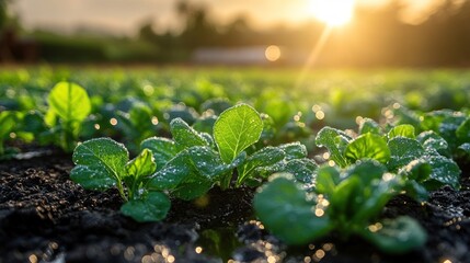 Canvas Print - Closeup of vibrant green seedlings with dew drops in a field at sunrise.