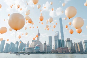 Balloons drift gracefully above a vibrant modern city skyline during a clear day, capturing a moment of joy and celebration. Generative AI