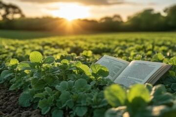 Poster - A book lays open in a field of green plants with the sun setting in the background.