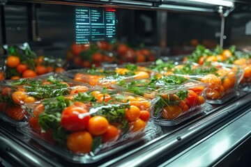 Sticker - Fresh, pre-packaged cherry tomatoes with herbs in a display case.