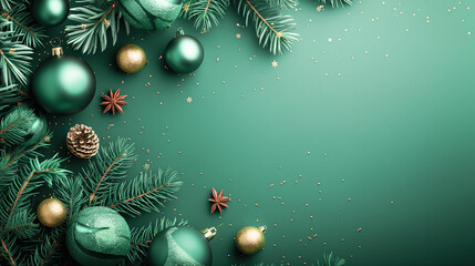 Wall Mural - Green Christmas background with green ornaments, pine branches, and golden accents with space for text.	
