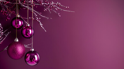 Wall Mural - Purple Christmas background. Pink and purple Christmas ornaments on a soft pinkish-purple background with copy space.