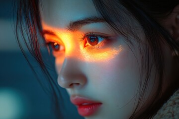 Canvas Print - Close-up portrait of a young woman with sunlight reflecting in her eyes.