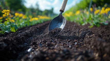 Poster - A hand shovels soil into a furrow in a flower bed.