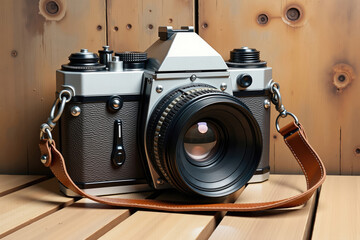 Vintage 35mm camera resting on wooden tabletop