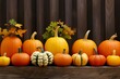 © Yuliia - Top view many diversity vegetables whole orange green different pumpkin shapes Halloween background concept lantern party fall harvest gourds Autumn Thanksgiving decoration design food template nature