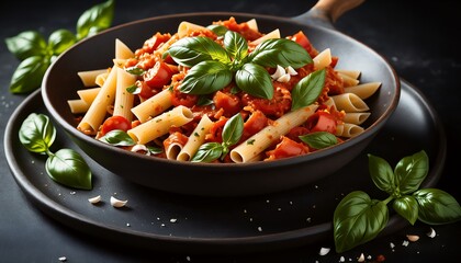 Wall Mural - pasta bowl filled with red tomato sauce and green basil leaves surrounded by fresh green leafy vegetables and red tomatoes