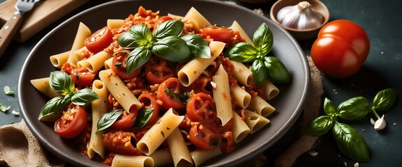 Wall Mural - delicious spaghetti with tomato sauce and basil leaves