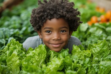 Poster - A young boy with curly hair smiles as he peeks over a bed of lettuce in a garden.