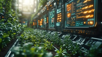 Wall Mural - Futuristic hydroponic farm with rows of plants and glowing digital screens.