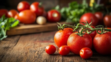 Wall Mural - Fresh vine tomatoes on a rustic wooden table