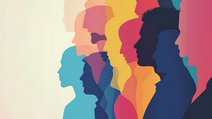 Poster - A row of colorful silhouettes of people's profiles, symbolizing diversity and community.
