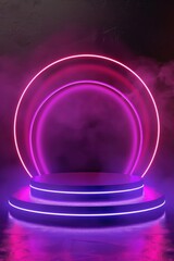 Poster - A vibrant illuminated stage with neon circles and colorful fog creating an enchanting atmosphere for performances or events. Generative AI