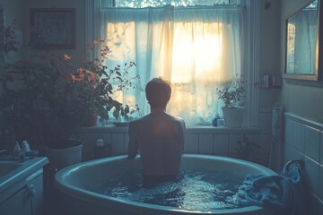 Poster - A man relaxes in a bathtub, enjoying the warm water and the sunlight streaming through the window.