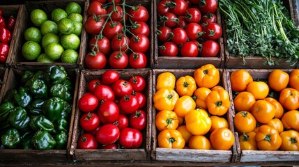 Wall Mural - Assorted fresh vegetables arranged in wooden crates at a market