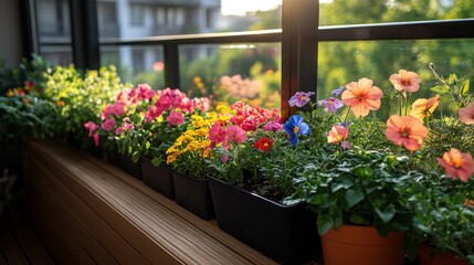 Sticker - Colorful flowers in pots on a balcony with a wooden floor and a view of greenery and a city building in the background.