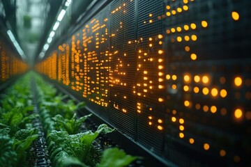 Canvas Print - A futuristic indoor farm with rows of green leafy plants growing under a large digital display.