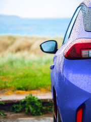 Wall Mural - a blue car is parked on the side of a road next to a grassy field with tall grass on a dune and ocea