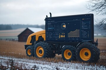 Poster - A yellow tractor with a large screen displaying data in a field with a small wooden house in the background.