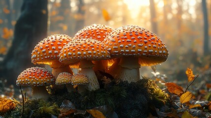 Poster - Vibrant Red Mushrooms in Autumn Forest