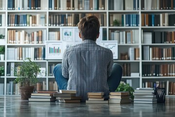 Poster - A young man sits in front of a computer screen with graphs, surrounded by piles of books, in a room with bookshelves.