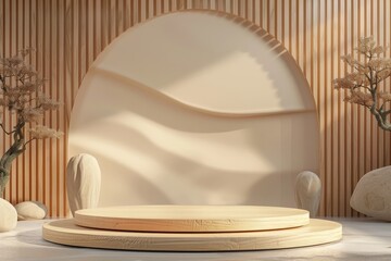 Poster - Elegant minimalist display in a serene setting with wooden textures, soft shadows, and natural elements by modern architecture design. Generative AI