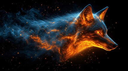majestic fox composed of fire and stardust, emerging from a cosmic cloud of smoke and embers. the pe