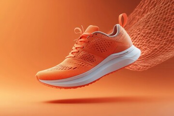 Fashion stylish sneakers with flying laces. Running sports shoes on orange background. Stability and cushion running shoes with generative ai