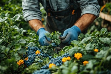 Sticker - A farmer's hands wearing blue gloves carefully picking ripe blueberries from a bush in a field.