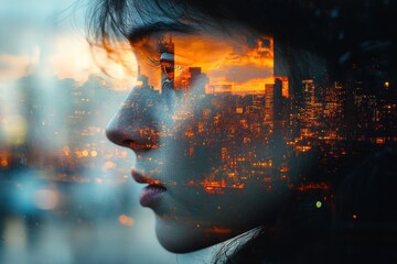 Sticker - A woman's face with a cityscape reflected in her eyes, with a dramatic sunset in the background.