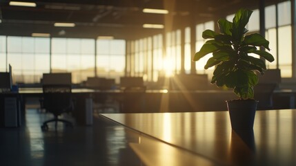 Poster - An empty office filled with rows of desks and chairs, warmly lit by sunlight streaming through large windows, creating a calm weekend atmosphere with a potted plant