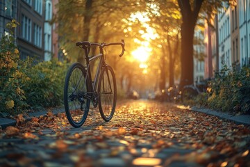 Sticker - A black bicycle parked on a cobblestone street covered in autumn leaves, with the sun shining in the background.