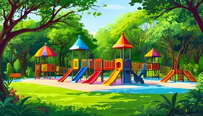 Wall Mural - Vibrant Playground Surrounded by Lush Greenery in a Scenic Park