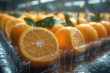 Poster - Close up of fresh oranges in a plastic container, some cut in half with green leaves, with a blurred background.