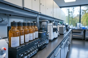 Wall Mural - A modern laboratory with equipment and bottles on the counter.