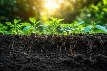 Wall Mural - Close-up of young plants growing in rich soil with visible roots, against a sunlit background.