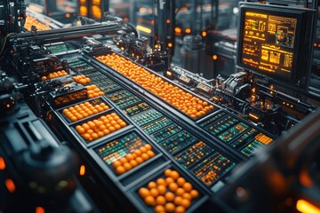 Canvas Print - Futuristic factory conveyor belt with oranges.