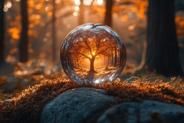 Canvas Print - A crystal ball sits on a mossy rock in a forest, reflecting the surrounding trees and a sunbeam.