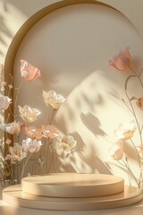 Poster - Soft pastel flowers adorn a minimalist display setting, creating a serene and elegant atmosphere in warm sunlight. Generative AI