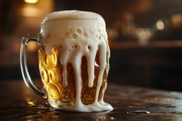 Poster - A close-up of a frothy beer mug overflowing with foam resting on a rustic wooden table in a cozy setting. Generative AI