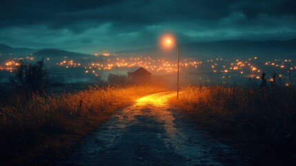 Canvas Print - A solitary streetlamp illuminates a path leading towards a small town nestled in a valley, shrouded in mist and the glow of distant lights.