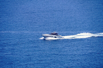 luxury yacht with two persons in the mediterranean sea, luxury, vacation, boat, ship