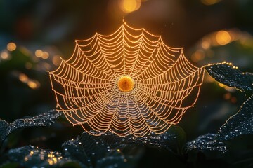 Canvas Print - A spiderweb with dew drops glistening in the morning sunlight.