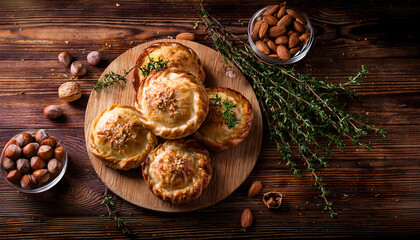 Homemade mini pies with cheese, nuts and herbs on a wooden background.