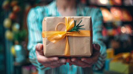 Person holding a gift wrapped in brown paper with ribbon