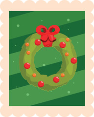 Poster - Illustration of a christmas wreath with red bow and baubles, on a green christmas postage stamp design