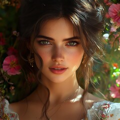 Poster - Beautiful Woman Portrait with Flowers